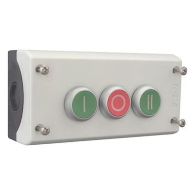 Eaton Momentary Enclosed Push Button - 3NO/3NC, Plastic, 3 Cutouts, Green/Red/Green, I/O/II, IP69K