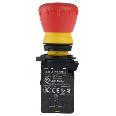 Allen Bradley 800FP Series Twist Release Emergency Stop Push Button, Panel Mount, 22.5mm Cutout, 1NC