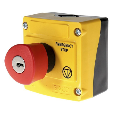 BACO LBX1 Series Key Release Emergency Stop Push Button, Surface Mount, 2NC, IP66