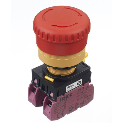 Idec YW Series Twist Release Emergency Stop Push Button, Panel Mount, 22mm Cutout, 2NC, IP65