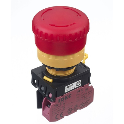 Idec YW Series Twist Release Illuminated Emergency Stop Push Button, Panel Mount, 22mm Cutout, 1NC, IP65