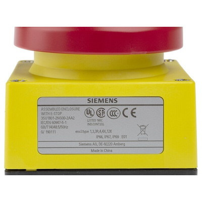 Siemens 3SU1 Series Pull Release Emergency Stop Push Button, Panel Mount, 22mm Cutout, 1 NO + 1 NC, IP66, IP67,