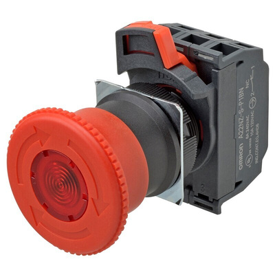 Omron A22NE-P Series Twist Release Illuminated Emergency Stop Push Button, Panel Mount, 22mm Cutout, 2NC, IP65