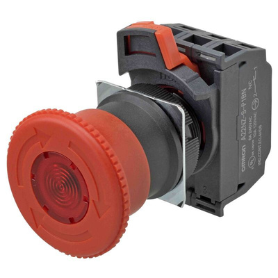 Omron A22NE Series Twist Release Emergency Stop Push Button, Panel Mount, 22mm Cutout, 1NC