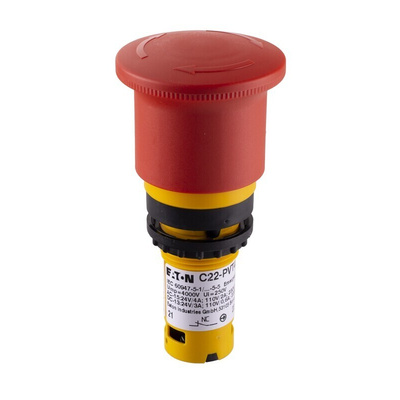 Eaton C22-PVT Series Twist Release Emergency Stop Push Button, Panel Mount, 22mm Cutout, 2NC