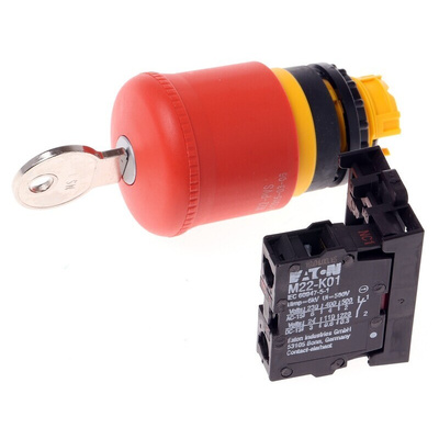 Eaton RMQ Titan M22 Series Key Release Emergency Stop Push Button, Panel Mount, 22.5mm Cutout, 1NC, IP66, IP67, IP69K