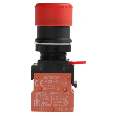 Omron A22E Series Twist Release Emergency Stop Push Button, Panel Mount, 22mm Cutout, 2NC, IP65
