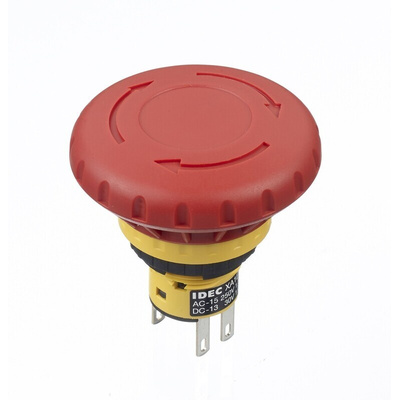 Idec XA Series Twist Release Emergency Stop Push Button, Panel Mount, 16mm Cutout, 2NC, IP40, IP65