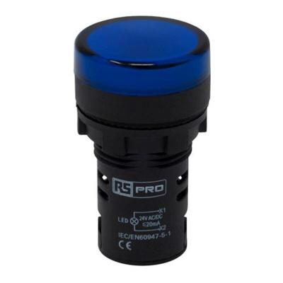 RS PRO, Panel Mount Blue LED Pilot Light, 22mm Cutout, IP65, Round, 24V ac/dc