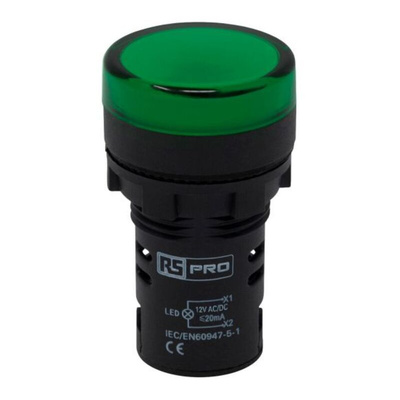 RS PRO, Panel Mount Green LED Pilot Light, 22mm Cutout, IP65, Round, 12V ac/dc