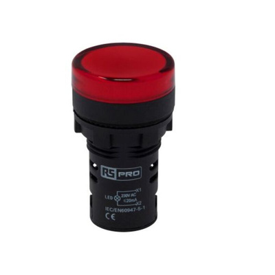 RS PRO, Panel Mount Red LED Pilot Light, 22mm Cutout, IP65, Round, 230V ac
