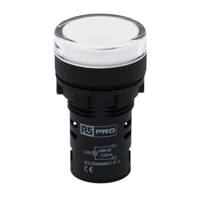 RS PRO, Panel Mount White LED Pilot Light, 22mm Cutout, IP65, Round, 230V ac