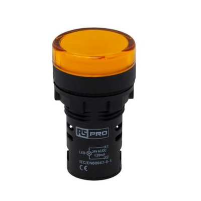 RS PRO, Panel Mount Yellow LED Pilot Light, 22mm Cutout, IP65, Round, 24V ac/dc