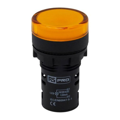 RS PRO, Panel Mount Yellow LED Pilot Light, 22mm Cutout, IP65, Round, 110V ac/dc