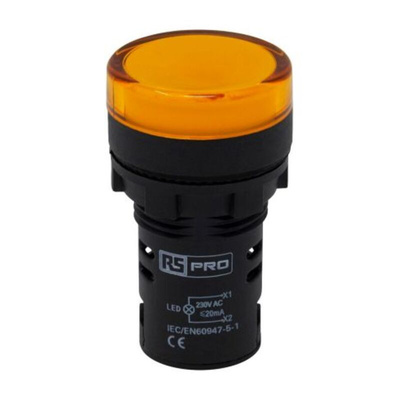 RS PRO, Panel Mount Yellow LED Pilot Light, 22mm Cutout, IP65, Round, 230V ac