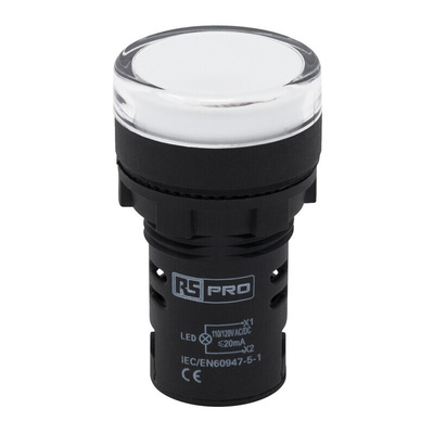 RS PRO, Panel Mount White LED Pilot Light, 22mm Cutout, IP65, Round, 110V ac