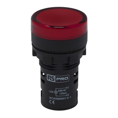 RS PRO, Panel Mount Red LED Pilot Light, 22mm Cutout, IP65, Round, 230V ac