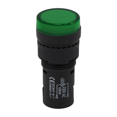 RS PRO, Panel Mount Green LED Pilot Light Complete, 16mm Cutout, IP40, Round, 230V ac