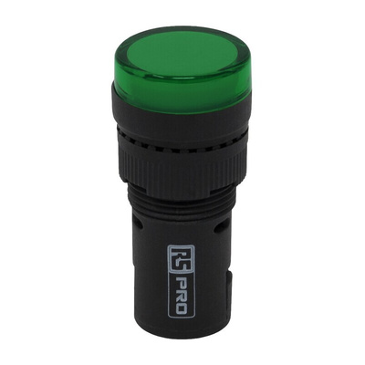 RS PRO, Panel Mount Green LED Pilot Light Complete, 16mm Cutout, IP40, Round, 230V ac