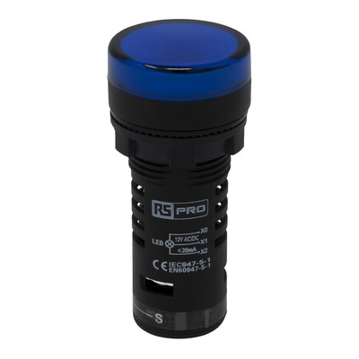 RS PRO, Panel Mount Blue LED Pilot Light, 22mm Cutout, IP65, Round, 12V ac/dc