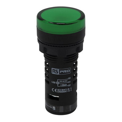 RS PRO, Panel Mount Green LED Pilot Light, 22mm Cutout, IP65, Round, 24V ac/dc