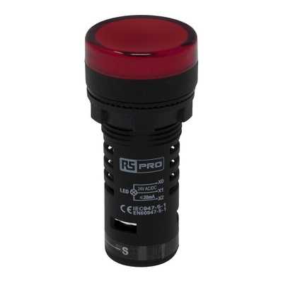 RS PRO, Panel Mount Red LED Pilot Light, 22mm Cutout, IP65, Round, 24V ac/dc