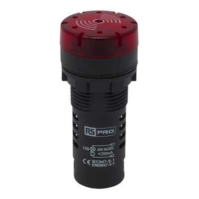 RS PRO, Panel Mount Red LED Pilot Light, 22mm Cutout, IP30, Round, 24V ac/dc