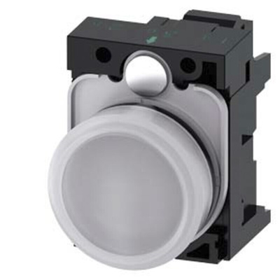 Siemens, 3SU1, Panel Mount White LED Indicator, 22mm Cutout, Round, 230V ac