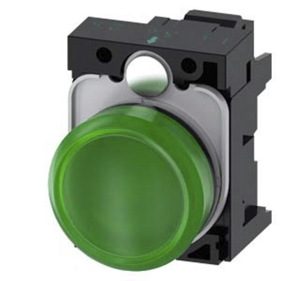 Siemens, 3SU1, Panel Mount Green LED Indicator, 22mm Cutout, Round, 230V ac