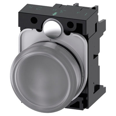 Siemens, 3SU1106, Panel Mount Clear LED Pilot Light Complete, 22mm Cutout, Round, 230V ac