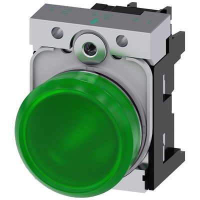 Siemens, SIRIUS ACT, Panel Mount Green LED Indicator, 22mm Cutout, Round, 110V ac