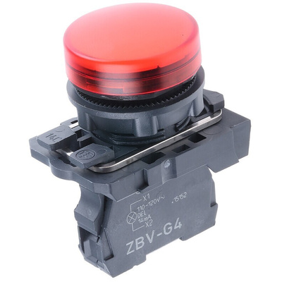 Schneider Electric, Harmony XB5, Panel Mount Red Universal LED Pilot Light, 22mm Cutout, IP66, IP67, 120V ac
