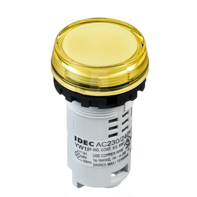 Idec, IDEC YW, Panel Mount Yellow LED Pilot Light, 22mm Cutout, 230/240V ac