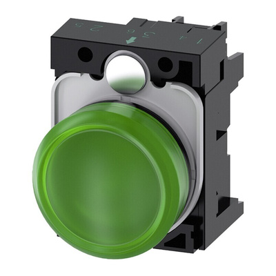 Siemens, SIRIUS ACT, Panel Mount Green LED Pilot Light, 22mm Cutout, IP20, Round, 230V ac