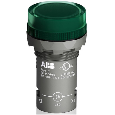 ABB, CL2-523G, Panel Mount Green LED Pilot Light, 22mm Cutout, IP66, IP67, IP69K, Round, 230V ac