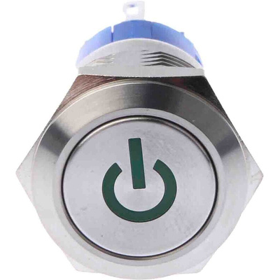 RS PRO Illuminated Push Button Switch, Latching, Panel Mount, 19mm Cutout, DPDT, Green LED, 250V ac, IP67