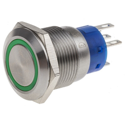 RS PRO Illuminated Push Button Switch, Latching, Panel Mount, 19.2mm Cutout, SPDT, Green LED, 250V ac, IP67