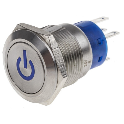 RS PRO Illuminated Push Button Switch, Latching, Panel Mount, 19mm Cutout, SPDT, Blue LED, 250V ac, IP67