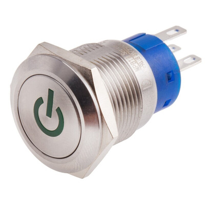 RS PRO Illuminated Push Button Switch, Latching, Panel Mount, 19mm Cutout, SPDT, Green LED, 250V ac, IP67