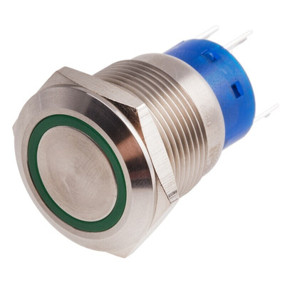 RS PRO Illuminated Push Button Switch, Latching, Panel Mount, 19.2mm Cutout, SPDT, Green LED, 250V ac, IP67