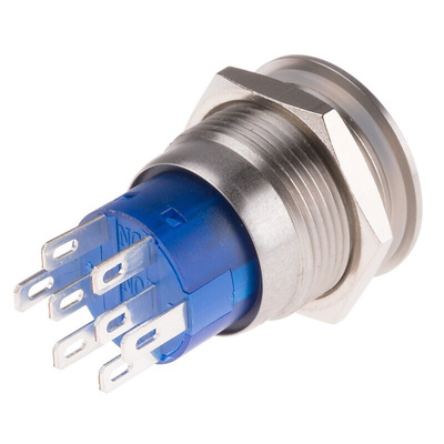 RS PRO Illuminated Push Button Switch, Latching, Panel Mount, 19.2mm Cutout, DPDT, Blue LED, 250V ac, IP67