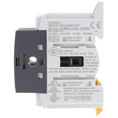 Socomec 3P Pole Isolator Switch - 40A Maximum Current, 18.5kW Power Rating, IP20