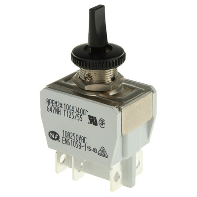 APEM Toggle Switch, Panel Mount, (On)-Off-(On), DPDT, Tab Terminal