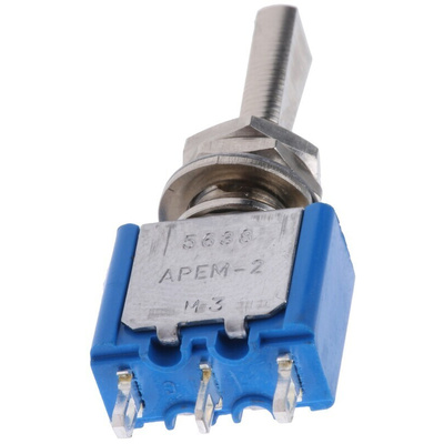 APEM Toggle Switch, Panel Mount, On-Off-(On), SPST, Solder Terminal