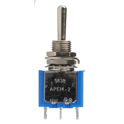 APEM Toggle Switch, Panel Mount, On-Off-(On), SPST, Solder Terminal