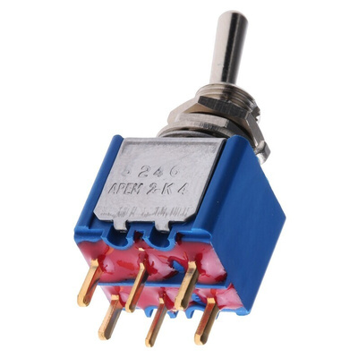 APEM Toggle Switch, PCB Mount, On-On, DPST, PC Terminal Terminal, 20V ac/dc