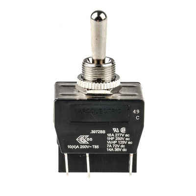 Arcolectric (Bulgin) Ltd Toggle Switch, Panel Mount, (On)-Off-(On), DPDT, Tab Terminal