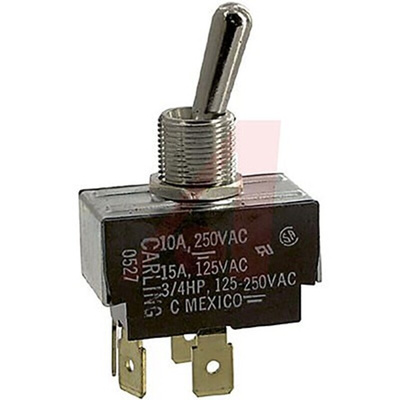 Carling Technologies Toggle Switch, Panel Mount, On-Off, DPST, Tab Terminal, 250V ac