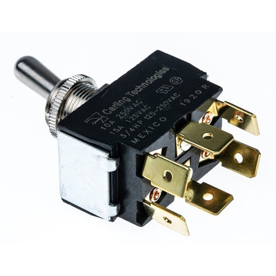 Carling Technologies Toggle Switch, Panel Mount, On-Off-On, DPDT, Tab Terminal, 250V ac
