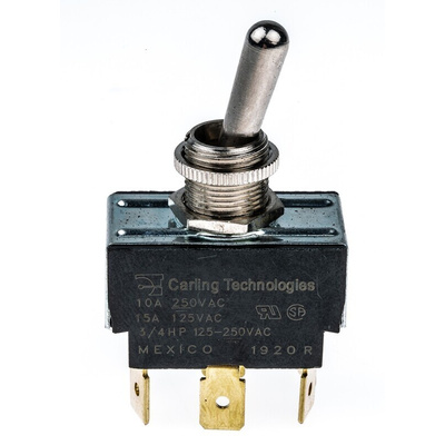 Carling Technologies Toggle Switch, Panel Mount, On-Off-On, DPDT, Tab Terminal, 250V ac